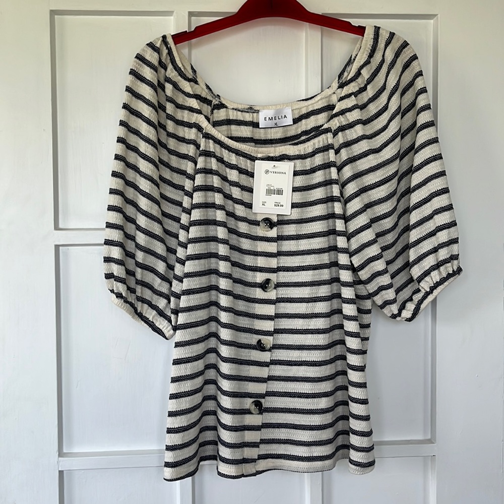 Emelia Shirt Size XL Button Up
Striped Blue White Stretch Hippie Boho NWT